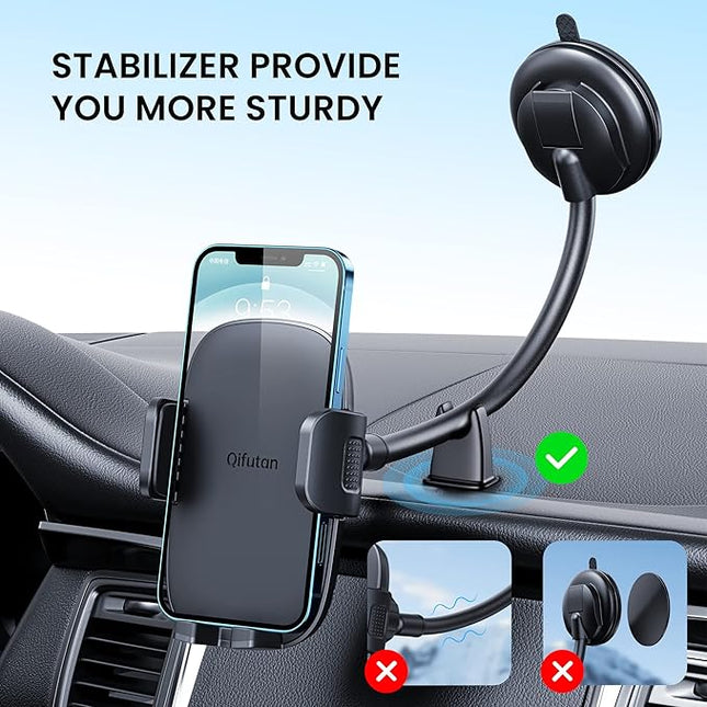Cell Phone Holder for Car Phone Mount Long Arm Dashboard Windshield Car Phone Holder Anti-Shake Stabilizer Phone Car Holder Compatible with All Phone Android Smartphone, Black